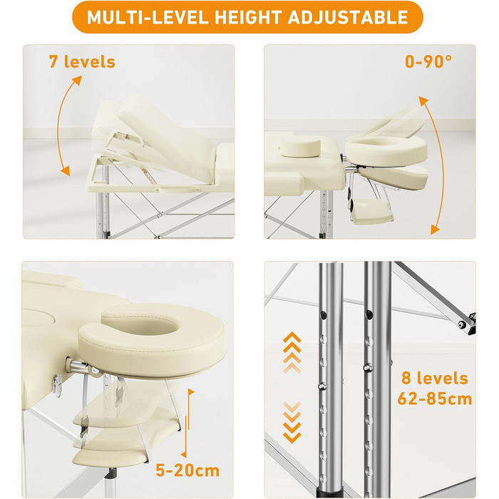 Масажний стіл Brelley Складний 3 зони шириною 70 см Регульований по висоті косметичний стіл Масажна лава, алюмінієвий тату-стіл з підголівником і підлокітниками & сумка бежева
