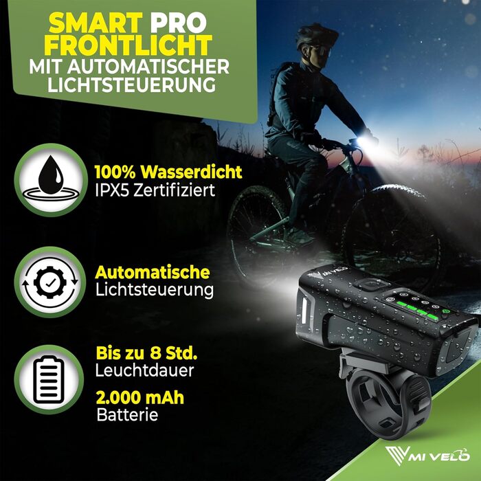 Комплект велосипедного освітлення MIVELO SMART 100 люкс, 2000 мА·год, авто-сенсор, StVZO, USB зарядка, водонепроникний, передня та задня LED фара, енергоефективність A+++