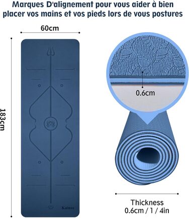 Килимок для йоги KAINOS Нековзний TPE Екологічно чистий килимок для фітнесу Гімнастичний килимок Килимок для пілатесу з ременем/сумкою для перенесення 183 шт. 60,6 см Синій
