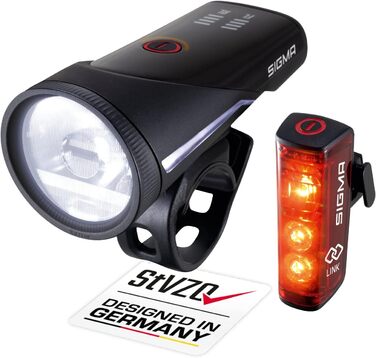 Комплект велофар SIGMA Aura 100/Blaze Link з силіконовим кріпленням, LED передня фара 100 Люкс, заднє світло з функцією стоп-сигналу, автоматичне регулювання яскравості