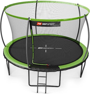 Батут Hop-Sport Outdoor Ø 305/366/427/488 см - Батут з інноваційними вигнутими сітчастими штангами, сертифікатами безпеки та сіткою безпеки (366 см, Зелений/Чорний)