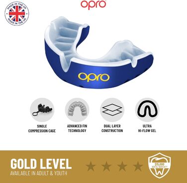 Маска для обличчя OPRO Gold Level, капа спортивна для дорослих і дітей, з чудовим комфортом для боксу, лакросу, ММА, бойових мистецтв, хокею та всіх контактних видів спорту (білий/золотий, дорослі (10))