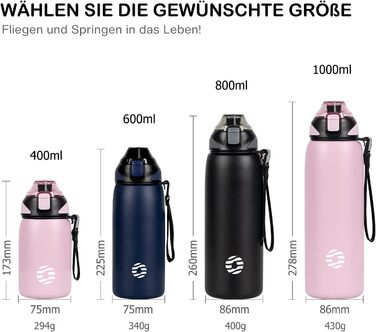 Пляшка для води FJbottle з нержавіючої сталі 1 л, 800 мл, 600 мл, 400 мл Дитяча герметична пляшка для води без бісфенолу А Пляшка-термос спортивна, газована Відповідний термос для універі, школи, фітнесу, на вулиці, велосипед чорний 1000 мл