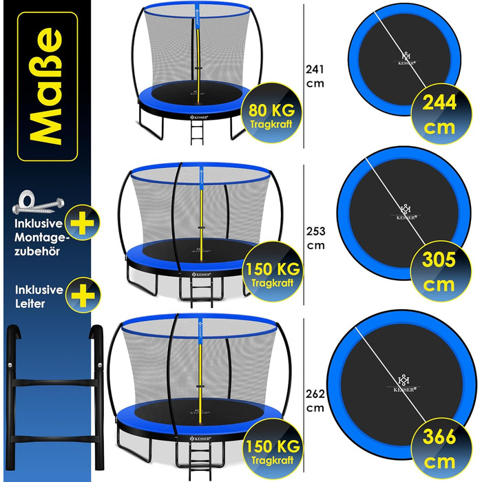 Батут KESSER Ø 244/305/366/427 см Сертифікат TV Rheinland GS Садовий батут Дитячий батут до 150 кг Комплектація з захисною сіткою, драбиною, чохлом для краю та аксесуарами (244 см, синій / чорний)