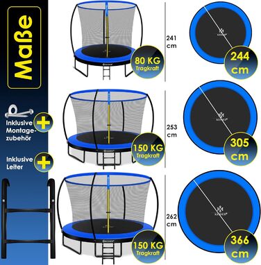 Батут KESSER Ø 244/305/366/427 см Сертифікат TV Rheinland GS Садовий батут Дитячий батут до 150 кг Комплектація з захисною сіткою, драбиною, чохлом для краю та аксесуарами (244 см, синій / чорний)