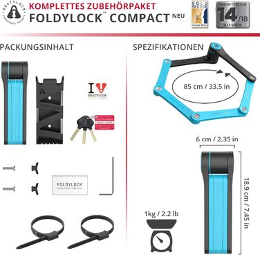 Складаний велосипедний замок FoldyLock Compact 85 см – високий рівень безпеки, з ключем і кріпленням, для електровелосипеда, самоката і мотоцикла