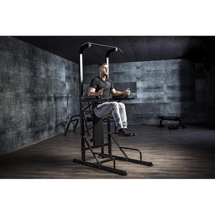 Силова станція GORILLA SPORTS Power Tower, складана лава, турнік, бруси, до 150 кг, чорна, багатофункціональний тренажер для дому