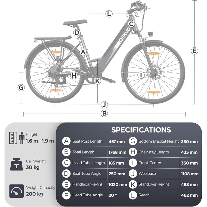 Велосипед Qekud e-bike, акум. 36В 12,5Ач, РК-дисплей, хід до 100 км