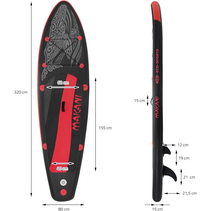 Надувна SUP-дошка ECD Germany Makani 320 см до 150 кг, комплект з алюмінієвим веслом, насосом, аксесуарами, різні кольори