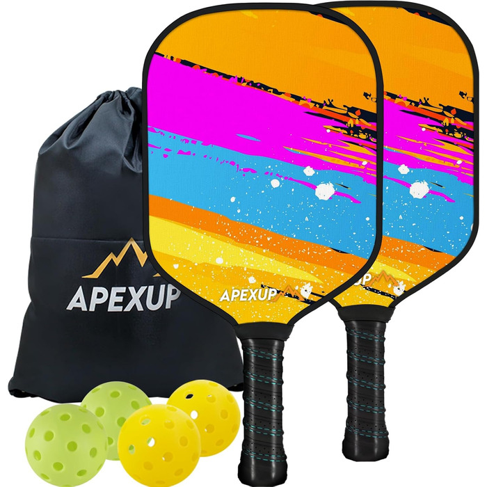 Преміум набір для піклболу APEXUP з 2 ракетками з фіброволокна, 4 м'ячами та сумкою, ергономічна ручка