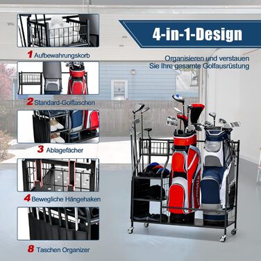 Органайзер для гольфу COSTWAY 4 в 1, для 2 сумок, з колесами та полицями