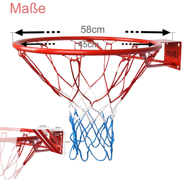 Баскетбольне кільце molti Ø45 см / Баскетбольне кільце HangRing з сіткою та кріпильними гвинтами зовнішнє 4 кріпильних гвинта (червоний, 45см)