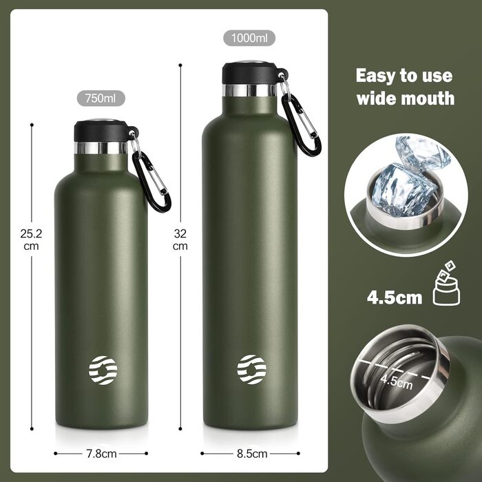 Термос-пляшка FEIJIAN FJbottle 316 нерж. сталь 1000 мл, вакуумна, з карабіном, BPA-free, спортивна, для спорту, роботи та подорожей, темно-зелена