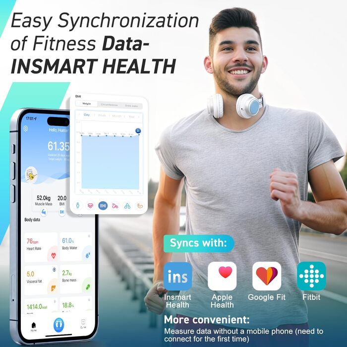 INSMART Розумні ваги для вимірювання ваги тіла та жиру, кольоровий дисплей, високоточна цифрова ванна вага для точного аналізу ІМТ і м'язової маси