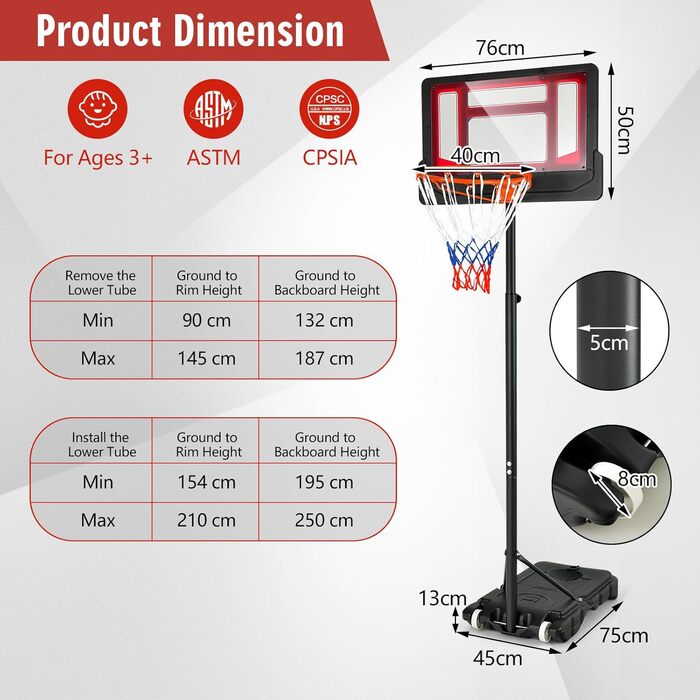 Баскетбольне кільце KOMFOTTEU 154-210 см регульоване по висоті, баскетбольне кільце зі стійкою, баскетбольне кільце регульоване для молоді та дорослих, баскетбольне кільце з колесами