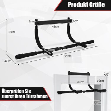 Турнік COSTWAY для дверної коробки, турнік без збірки до 150 кг з м'якими ручками, штанга для силових тренувань шириною до 80 см для підвішування вдома