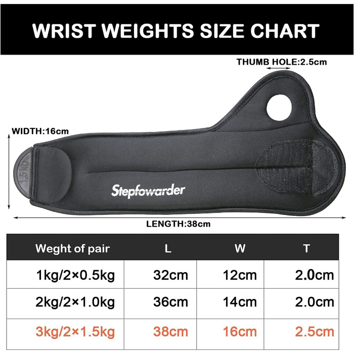 Манжети Stepfowarder 0,5 кг - 1,5 кг Пара для зап'ястя з петлею для великого пальця, 3 кольори Бігові ваги для зап'ястя 2 * 1,5 кг - чорний