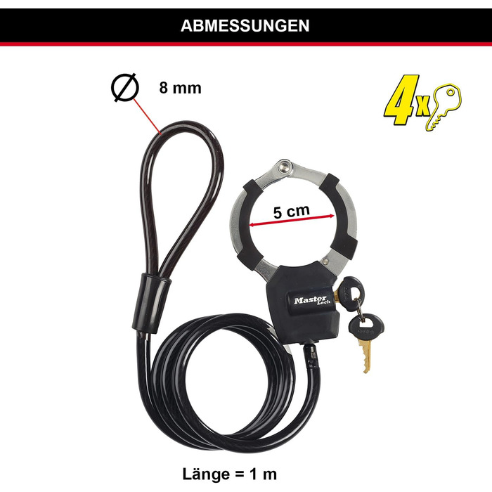 Тросовий замок Master Lock з ключем, 1 м, для самоката, велосипеда, дитячого візка, спортивного інвентарю, чорний