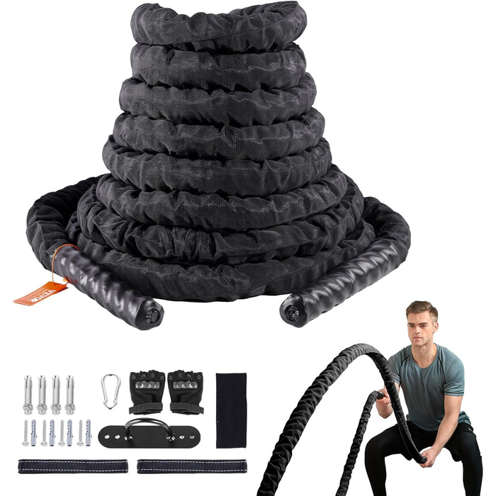 Тренувальна мотузка VEVOR Battle Rope, тренувальна мотузка, бойова мотузка довжиною 9.1 м, поліефірна тренувальна мотузка із захисним покриттям і якорем, ударна мотузка для домашнього тренажерного залу, тренування тіла, основні силові тренування