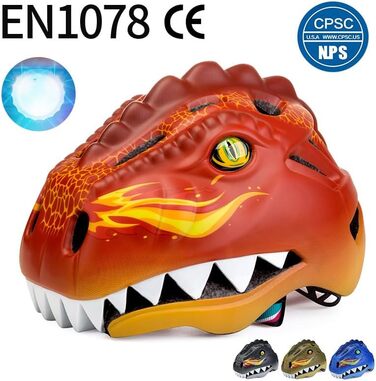 Дитячий велосипедний шолом з LED-світлом 3D динозавр для хлопчиків і дівчаток 3-8 років, регульований, дихаючий, для велосипеда, скейтборда, самоката