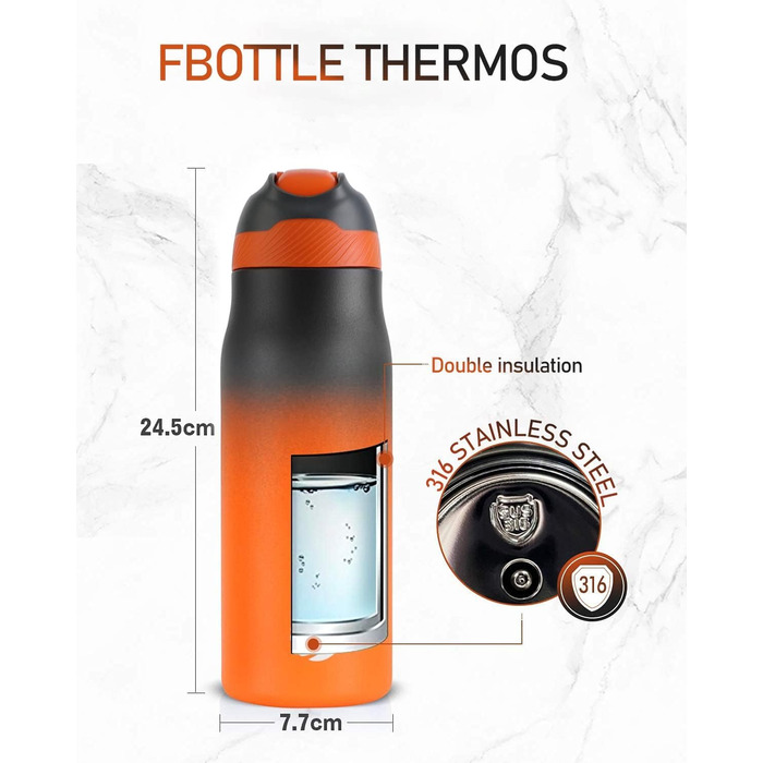 Термобутилка FEIJIAN FJbottle 710 мл з щіткою, нержавіюча сталь, чорна з помаранчевим