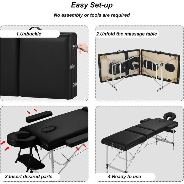 Мобільний масажний стіл 3 зони, масажний стіл складний регульований по висоті, портативна масажна лава, косметичний столик, виготовлений з алюмінію, з підлокітниками підлокітник для рук сумка для перенесення, чорна
