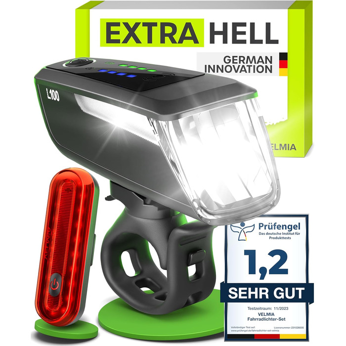 Комплект велосипедних LED-ліхтарів VELMIA з USB-акумулятором, переднє та заднє світло, водонепроникні, до 8,5 годин роботи, StVZO сертифікат