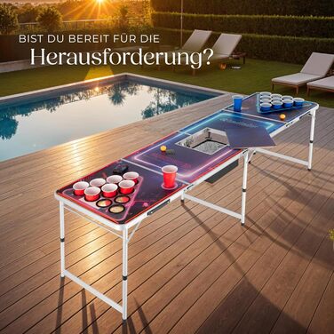 Стіл для пивного пінг-понгу tectake® Beer Pong, складаний, регульований по висоті, з ручками, у комплекті 100 стаканів (50 червоних, 50 синіх) і 6 м’ячів, настільна гра для вечірок, для дорослих