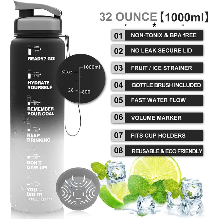 Пляшка для води ZORRI 900 мл, BPA-free, з мітками часу та вимірювання, легка, герметична, для спорту, школи, кемпінгу, чорний/сірий