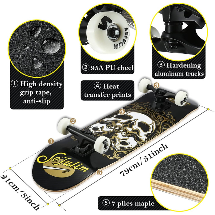 Скейтборд Sefulim 78.9x20.3см в зборі, 7 шарів, канадський клен, скейтборд з подвійною декою для хлопчиків, дівчаток, підлітків, дорослих, початківців чорний