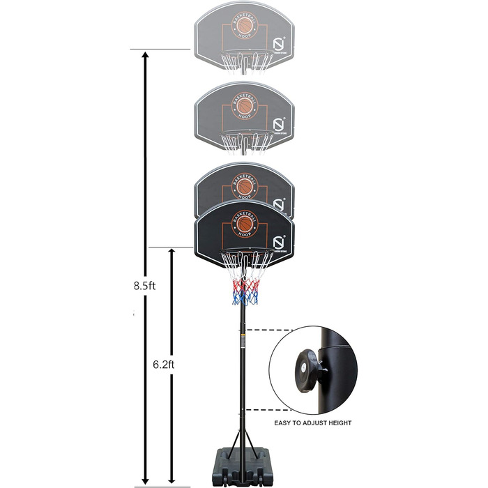 Молодіжне баскетбольне кільце NORTHERN STONE, регульоване по висоті, окремо стояче портативне баскетбольне кільце з регулюванням висоти 1,9-2,6 м