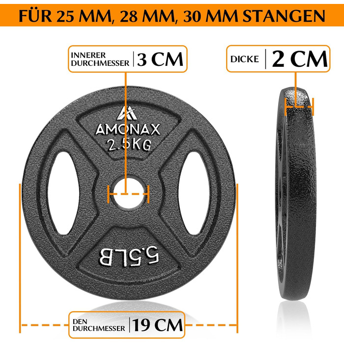 Набір чавунних вагових пластин Amonax, 2,5 кг, 5 кг, 10 кг Набір гантелей для олімпійських ваг 25 мм і 50 мм Штанга з гантелями, металеві вагові пластини для важкої атлетики та тяги стегнами, вагові пластини для домашнього тренажерного залу (25 ММ - 2,5 К