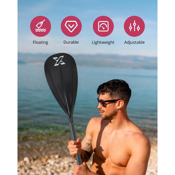 ZLX SUP весло для сапборду, регульоване, 3/4 частини, склопластикова лопать, червоне, подвійне