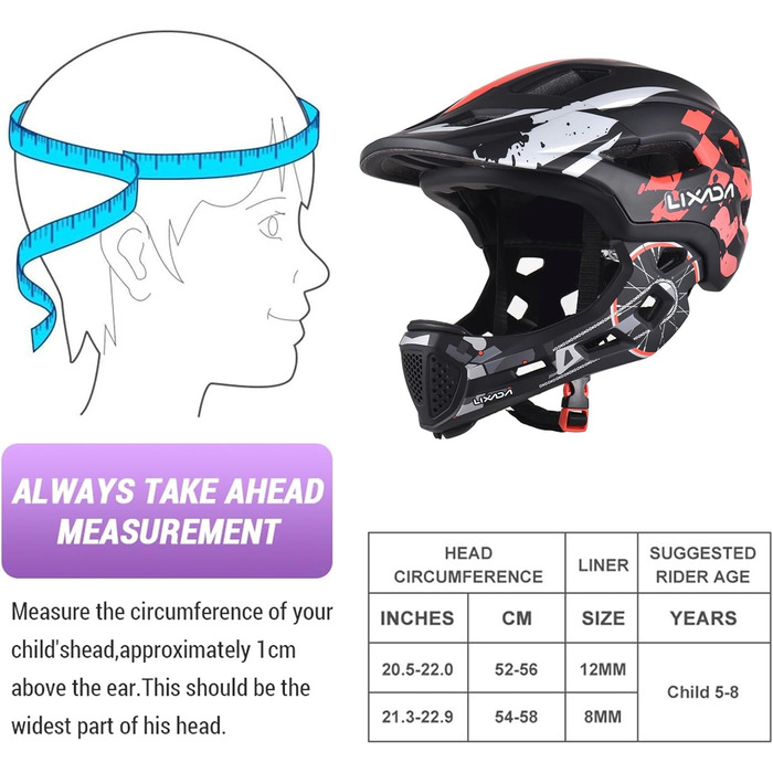 Велосипедний шолом Lixada Дитячий шолом Fullface Знімний унісекс 52-56см Дитячий шолом 2-в-1 інтегрований розмір регульований зі знімним захистом підборіддя Шолом Роликові ковзани для велосипедів, скейтбордів (червоний)