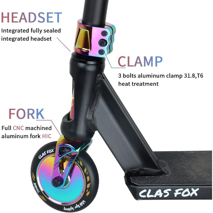 Трюковий самокат CLAS Fox Pro Freestyle, 110 мм, професійний самокат, система стиснення Kickscooter HIC, професійні трюки на самокаті та трюки BMX для дітей та дорослих Кольори веселки