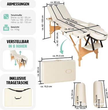 Масажний стіл Tectake 3 зонний, з навантаженням до 250кг, мобільна масажна лава, комплект з аксесуарами, оббивка, коліщатка, дерев'яний каркас, сумка для перенесення, як косметичне крісло, меблі для студії, регулювання висоти - бежево-бежевий No 404747
