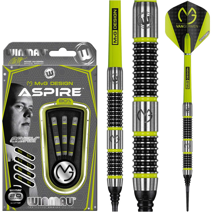 Набір стріл WINMAU MvG Aspire 20g вольфрам Softip Dart з польотами/валами