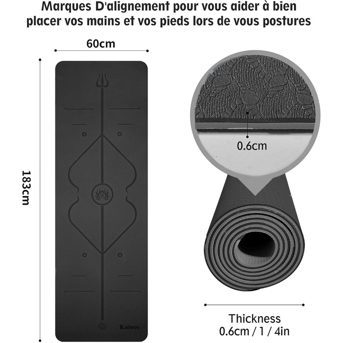 Килимок для йоги KAINOS Нековзний TPE Екологічний килимок для фітнесу Гімнастичний килимок Килимок для пілатесу з ременем/сумкою для перенесення 183 шт. 60,6 см (чорний)