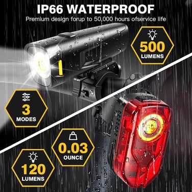 Комплект велосипедних LED ліхтарів Vont: передній та задній, USB Type-C, IPX5 водонепроникні, StVZO, акумуляторні
