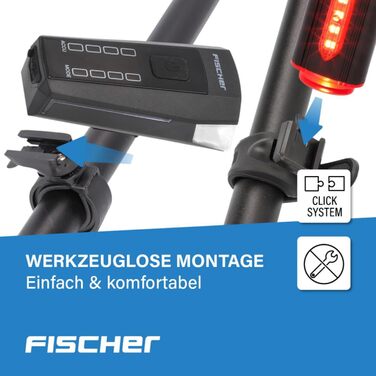 Велосипедний світловий комплект FISCHER: передня і задня фара з акумулятором, USB-зарядка, водозахист IP44, StVZO, 80/40/20 Люкс