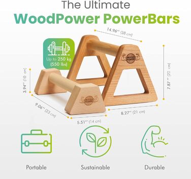 Дерев'яні паралетки WOODPOWER PowerBars, зручні для суглобів ручки для віджимань, стійки на руках і міні-бари, нековзкі для приміщень і вулиці для гімнастики, тренувань з власною вагою і йоги (набір XS XL)