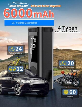 Портативний бездротовий компресор WindGallop 6000 мА·год для авто, велосипедів, мотоциклів, м'ячів з манометром та LED-підсвіткою, акумуляторний, автостоп, чорний