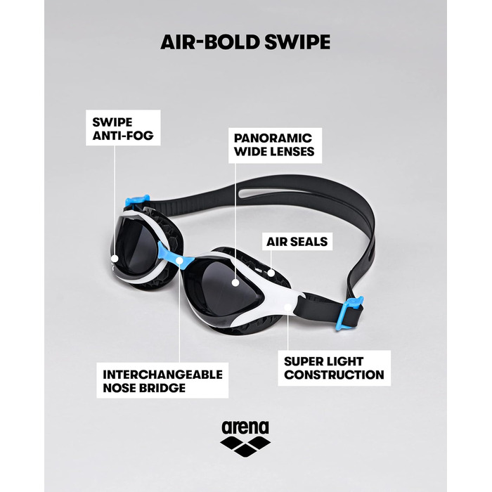 Окуляри для плавання ARENA Air-bold Swipe, унісекс, для дорослих (ука) (один розмір, димчасто-біло-чорний)