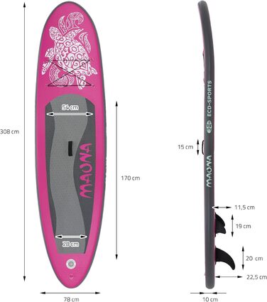 Надувна SUP-дошка ECD Germany Maona 308 см, комплект: весло з алюмінію, PVC, бірюзова/чорна/рожева/сіра/оливкова – дошка для веслування, серфінгу, паддлборду