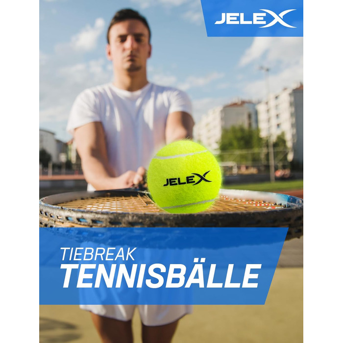 Тенісні м'ячі JELEX Tiebreak в наборі, що складається з 24 м'ячів класичного жовтого кольору, без внутрішнього тиску, з повстяною поверхнею і діаметром 6,37 см. в т.ч. Сумка для зберігання з ручкою для перенесення