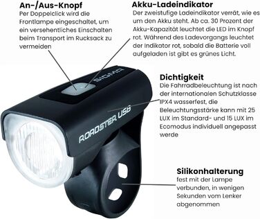 Комплект велосипедних ліхтарів Sigma Sport ROADSTER USB / NUGGET II, 25 люкс, акумуляторні, передня та задня LED фара, StVZO, чорний
