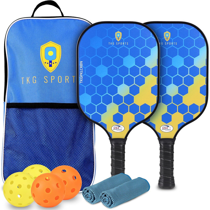 Набір для піклболу TKG Sports з карбону, 2 ракетки USAPA, 4 м'ячі (2 для залу, 2 для вулиці), 2 охолоджуючі рушники, сумка, для дорослих і підлітків