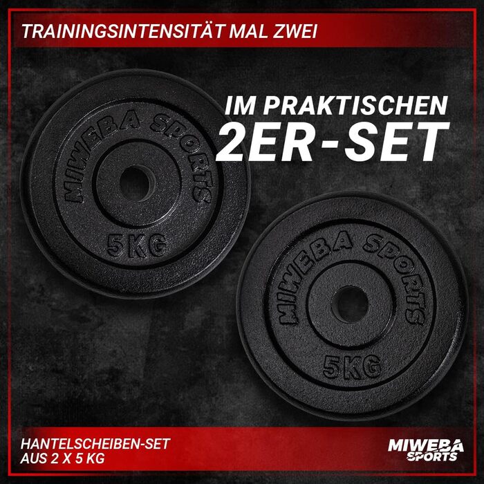 Набір спортивних вагових пластин Miweba HSG Професійні гантелі - 1,25-10,0 кг Вагова пластина - Пластини для гантелей - Чавунні ваги - Ø 30/31 мм - Набір гантелей - Вагові пластини - Вага гантелей - Пластини 2 шт. 5,0 кг