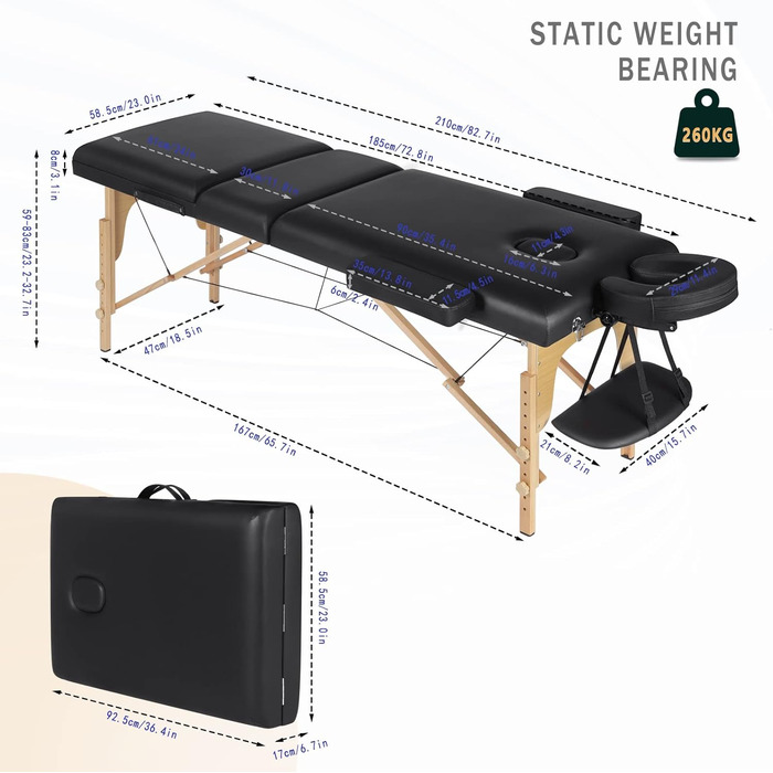 Мобільний масажний стіл VORSCH 3 зони, масажний стіл складний регульований по висоті, переносна масажна лавка на дерев'яних ніжках, косметичний столик з регульованою спинкою, з сумкою для перенесення, чорний