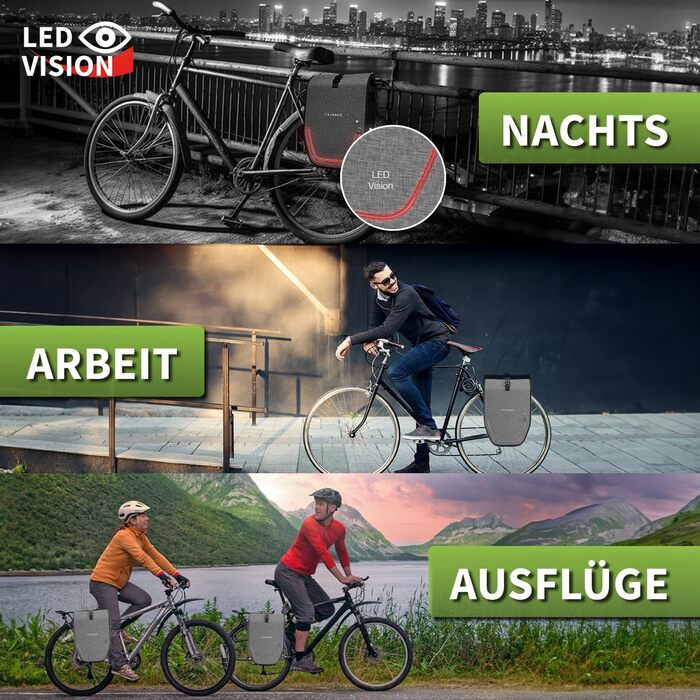 Велосипедна сумка на багажник з LED-підсвіткою, 20 л, 100% водонепроникна, з ручкою та плечовим ременем, сіра